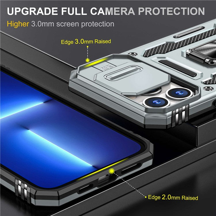 Mobile Phone Case for iPhone 14 Pro Max 6.7 inch, PC + TPU Ring Kickstand Cell Phone Shell with Slide Camera Protector - Grey