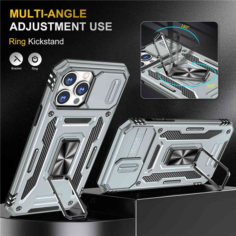 Mobile Phone Case for iPhone 14 Pro Max 6.7 inch, PC + TPU Ring Kickstand Cell Phone Shell with Slide Camera Protector - Grey
