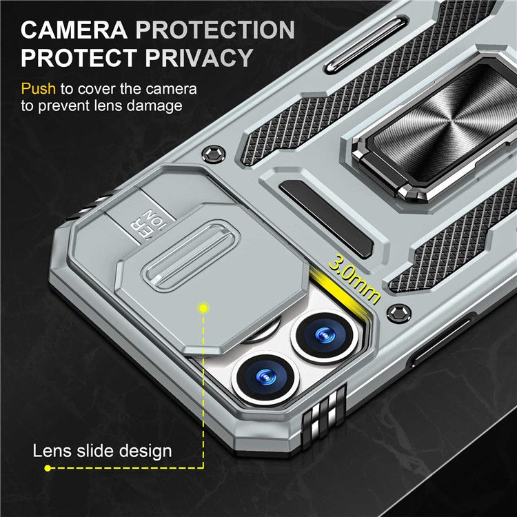 Mobile Phone Case for iPhone 14 Pro Max 6.7 inch, PC + TPU Ring Kickstand Cell Phone Shell with Slide Camera Protector - Grey