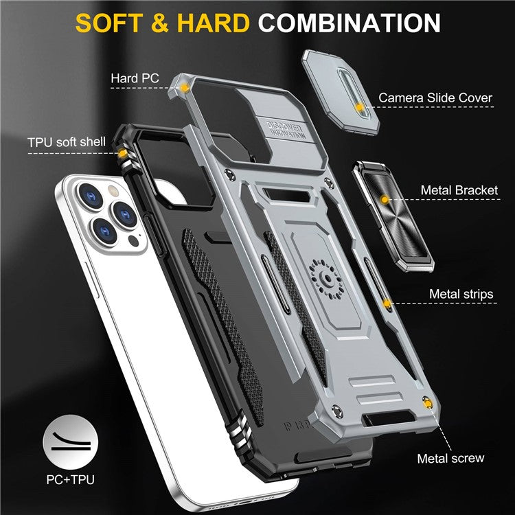 Mobile Phone Case for iPhone 14 Pro Max 6.7 inch, PC + TPU Ring Kickstand Cell Phone Shell with Slide Camera Protector - Grey