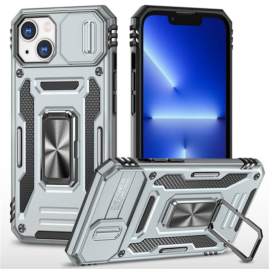 For iPhone 14 6.1 inch Ring Kickstand Cell Phone Protector Slide Camera Cover Anti-fingerprint PC + TPU Phone Case - Grey