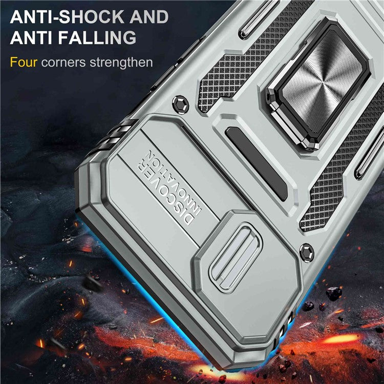 For iPhone 14 6.1 inch Ring Kickstand Cell Phone Protector Slide Camera Cover Anti-fingerprint PC + TPU Phone Case - Grey