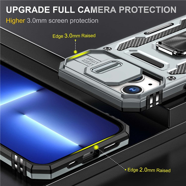 For iPhone 14 6.1 inch Ring Kickstand Cell Phone Protector Slide Camera Cover Anti-fingerprint PC + TPU Phone Case - Grey