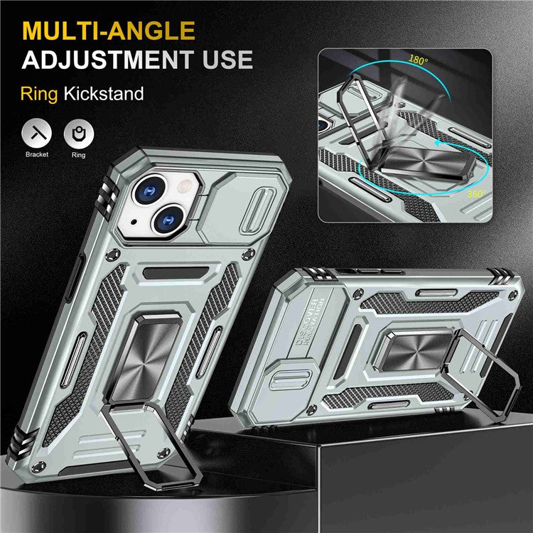 For iPhone 14 6.1 inch Ring Kickstand Cell Phone Protector Slide Camera Cover Anti-fingerprint PC + TPU Phone Case - Grey