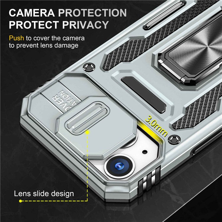 For iPhone 14 6.1 inch Ring Kickstand Cell Phone Protector Slide Camera Cover Anti-fingerprint PC + TPU Phone Case - Grey