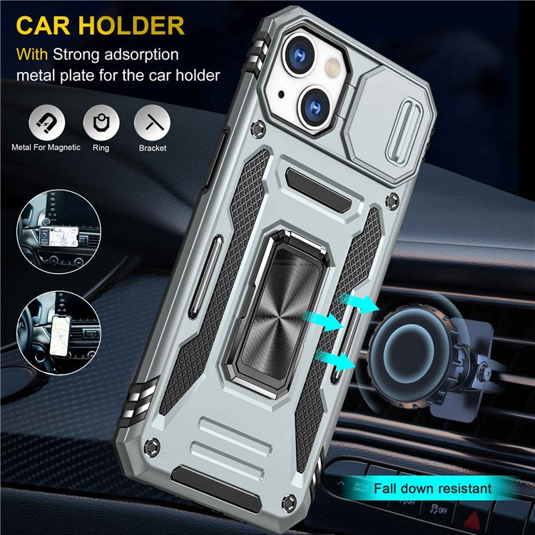 For iPhone 14 6.1 inch Ring Kickstand Cell Phone Protector Slide Camera Cover Anti-fingerprint PC + TPU Phone Case - Grey