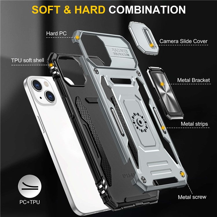 For iPhone 14 6.1 inch Ring Kickstand Cell Phone Protector Slide Camera Cover Anti-fingerprint PC + TPU Phone Case - Grey