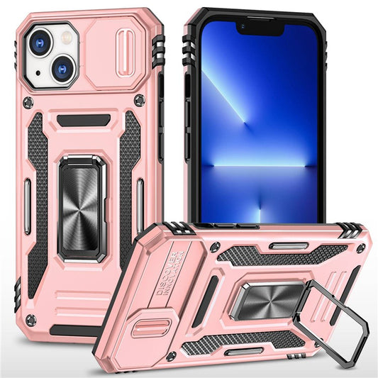 For iPhone 14 6.1 inch Ring Kickstand Cell Phone Protector Slide Camera Cover Anti-fingerprint PC + TPU Phone Case - Rose Gold