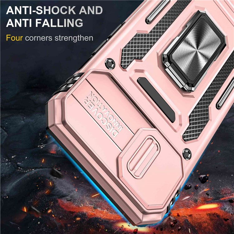 For iPhone 14 6.1 inch Ring Kickstand Cell Phone Protector Slide Camera Cover Anti-fingerprint PC + TPU Phone Case - Rose Gold