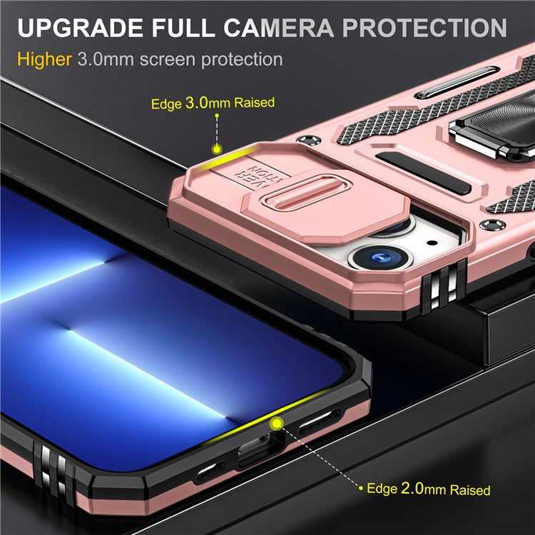 For iPhone 14 6.1 inch Ring Kickstand Cell Phone Protector Slide Camera Cover Anti-fingerprint PC + TPU Phone Case - Rose Gold