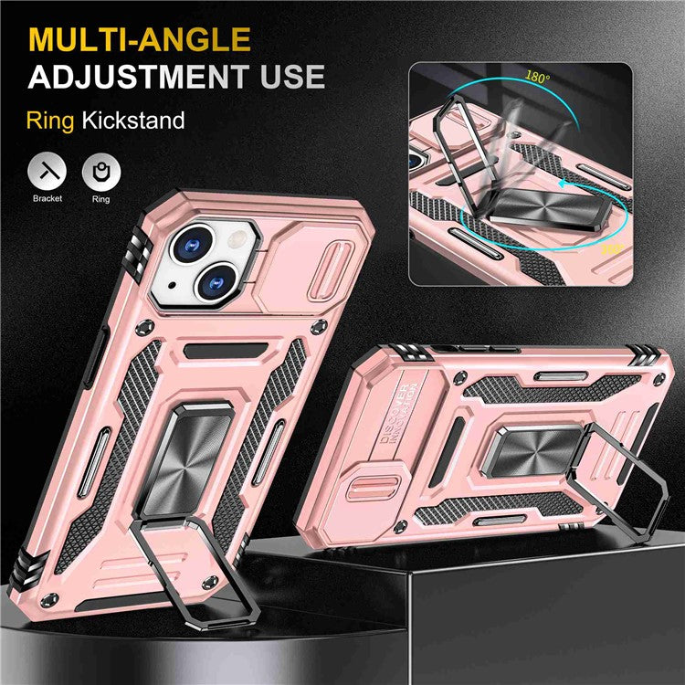 For iPhone 14 6.1 inch Ring Kickstand Cell Phone Protector Slide Camera Cover Anti-fingerprint PC + TPU Phone Case - Rose Gold