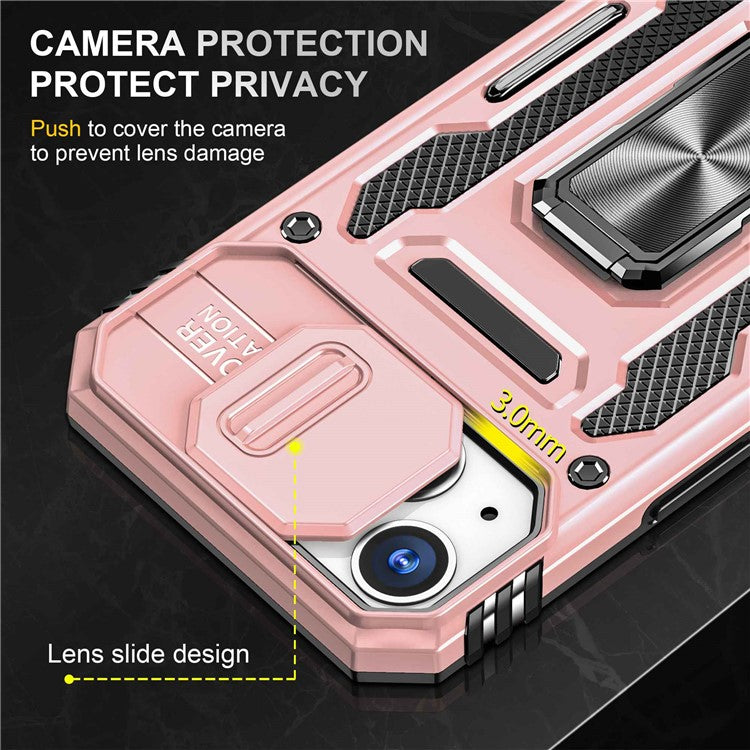 For iPhone 14 6.1 inch Ring Kickstand Cell Phone Protector Slide Camera Cover Anti-fingerprint PC + TPU Phone Case - Rose Gold