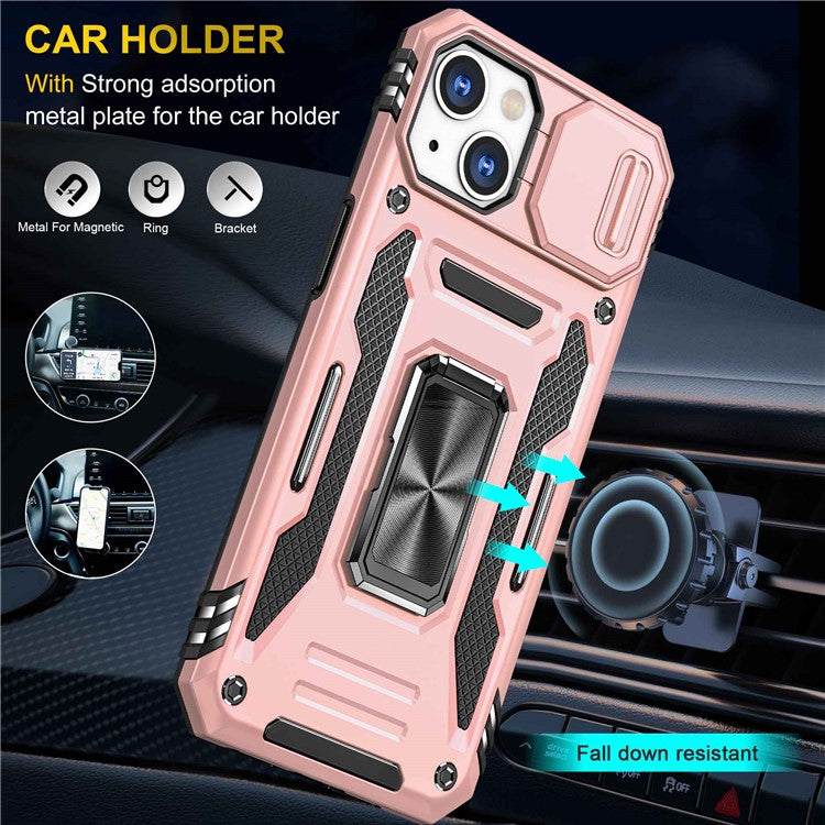 For iPhone 14 6.1 inch Ring Kickstand Cell Phone Protector Slide Camera Cover Anti-fingerprint PC + TPU Phone Case - Rose Gold