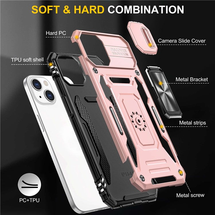 For iPhone 14 6.1 inch Ring Kickstand Cell Phone Protector Slide Camera Cover Anti-fingerprint PC + TPU Phone Case - Rose Gold