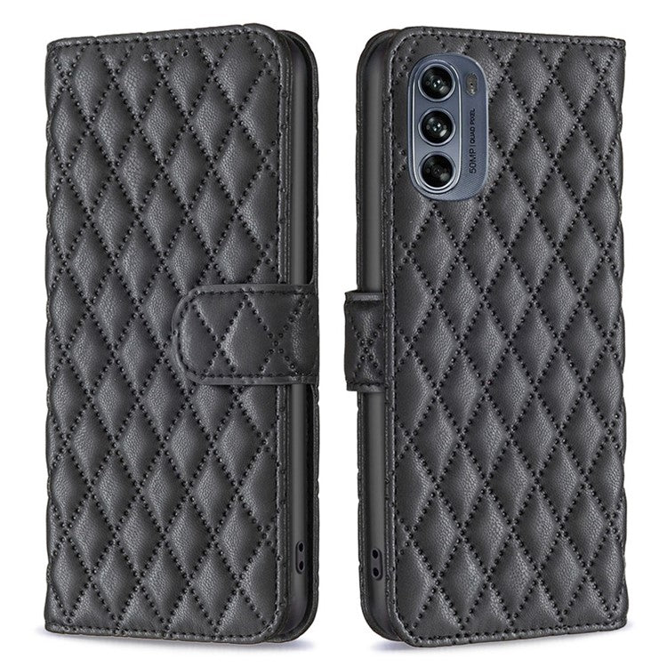 BINFEN COLOR for Motorola Moto G62 5G BF Style-14 Wear-resistant Imprinted Rhombus Pattern Stand Anti-fall Phone Shell with Wallet - Black