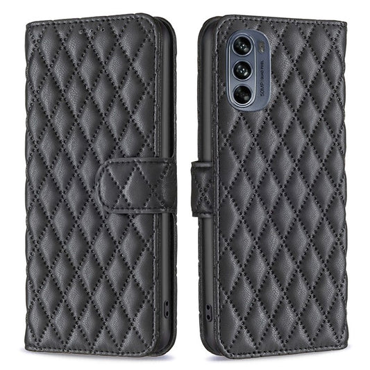 BINFEN COLOR for Motorola Moto G62 5G BF Style-14 Wear-resistant Imprinted Rhombus Pattern Stand Anti-fall Phone Shell with Wallet - Black