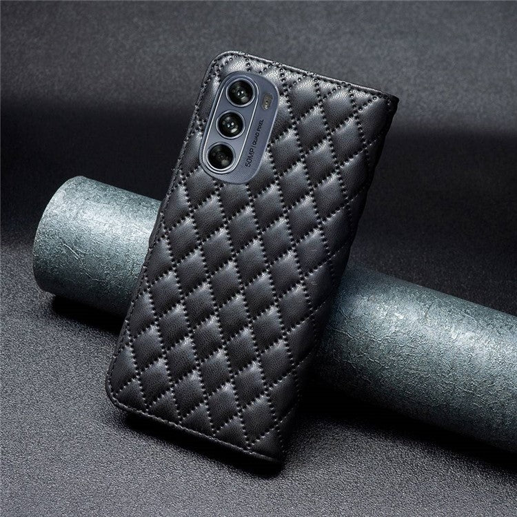 BINFEN COLOR for Motorola Moto G62 5G BF Style-14 Wear-resistant Imprinted Rhombus Pattern Stand Anti-fall Phone Shell with Wallet - Black