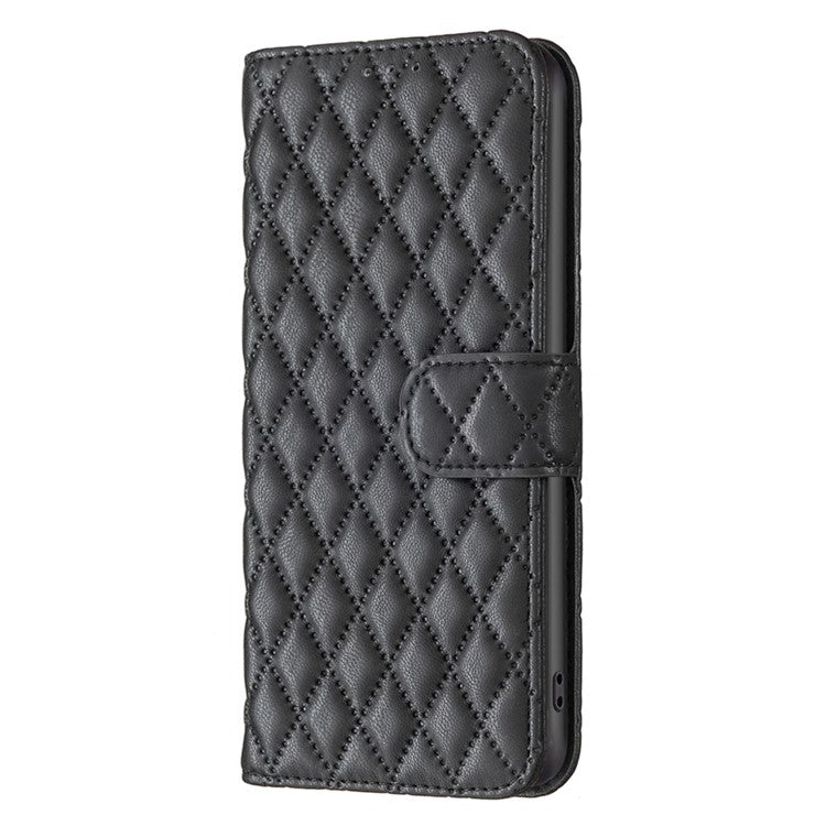 BINFEN COLOR for Motorola Moto G62 5G BF Style-14 Wear-resistant Imprinted Rhombus Pattern Stand Anti-fall Phone Shell with Wallet - Black