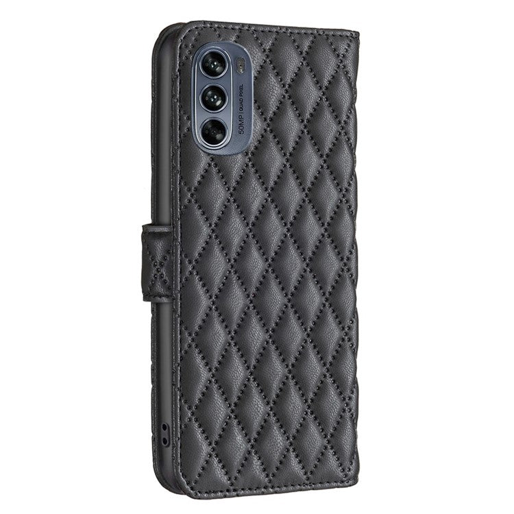 BINFEN COLOR for Motorola Moto G62 5G BF Style-14 Wear-resistant Imprinted Rhombus Pattern Stand Anti-fall Phone Shell with Wallet - Black