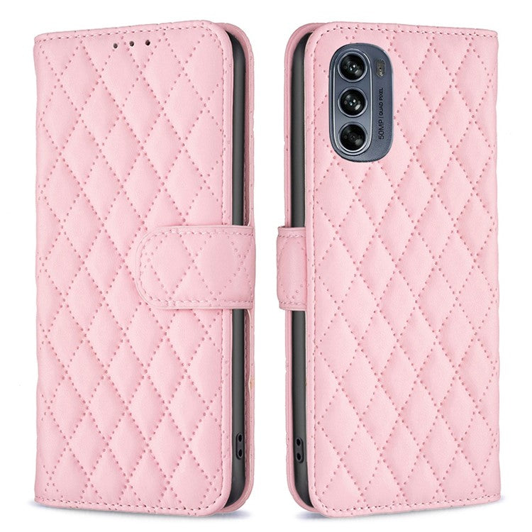 BINFEN COLOR for Motorola Moto G62 5G BF Style-14 Wear-resistant Imprinted Rhombus Pattern Stand Anti-fall Phone Shell with Wallet - Pink