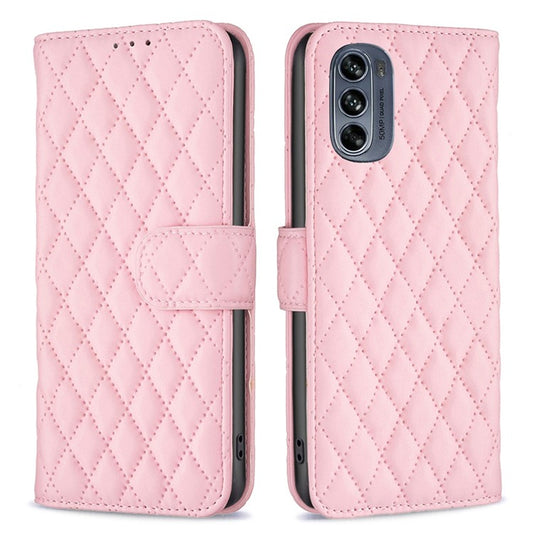 BINFEN COLOR for Motorola Moto G62 5G BF Style-14 Wear-resistant Imprinted Rhombus Pattern Stand Anti-fall Phone Shell with Wallet - Pink