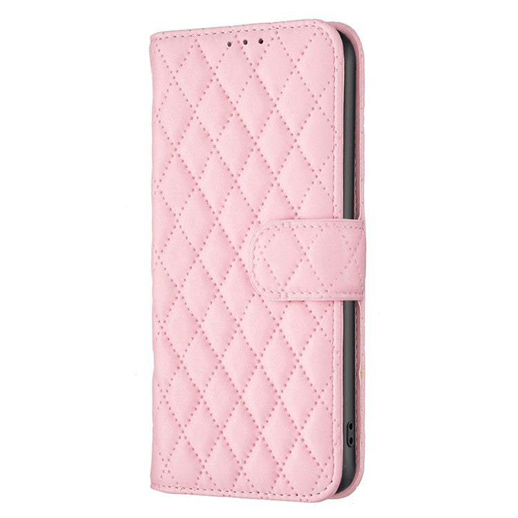 BINFEN COLOR for Motorola Moto G62 5G BF Style-14 Wear-resistant Imprinted Rhombus Pattern Stand Anti-fall Phone Shell with Wallet - Pink