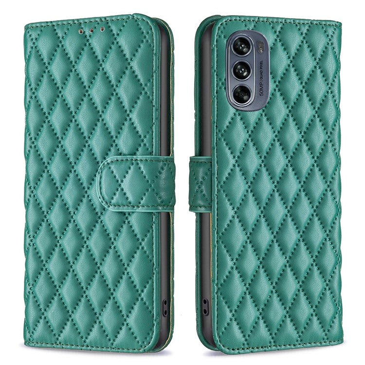 BINFEN COLOR for Motorola Moto G62 5G BF Style-14 Wear-resistant Imprinted Rhombus Pattern Stand Anti-fall Phone Shell with Wallet - Green
