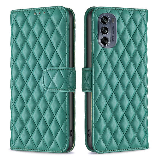 BINFEN COLOR for Motorola Moto G62 5G BF Style-14 Wear-resistant Imprinted Rhombus Pattern Stand Anti-fall Phone Shell with Wallet - Green