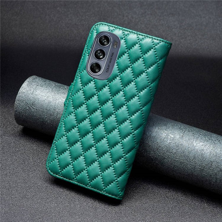 BINFEN COLOR for Motorola Moto G62 5G BF Style-14 Wear-resistant Imprinted Rhombus Pattern Stand Anti-fall Phone Shell with Wallet - Green