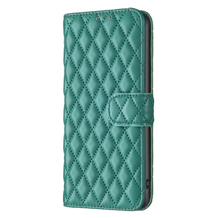 BINFEN COLOR for Motorola Moto G62 5G BF Style-14 Wear-resistant Imprinted Rhombus Pattern Stand Anti-fall Phone Shell with Wallet - Green