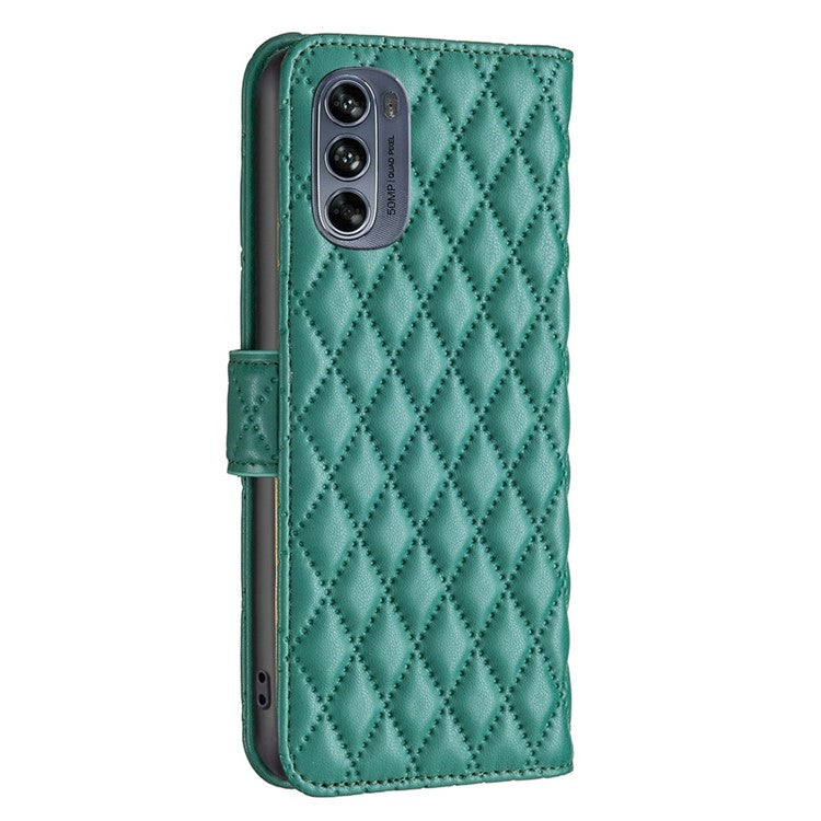 BINFEN COLOR for Motorola Moto G62 5G BF Style-14 Wear-resistant Imprinted Rhombus Pattern Stand Anti-fall Phone Shell with Wallet - Green