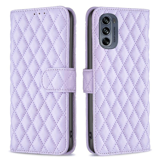 BINFEN COLOR for Motorola Moto G62 5G BF Style-14 Wear-resistant Imprinted Rhombus Pattern Stand Anti-fall Phone Shell with Wallet - Purple