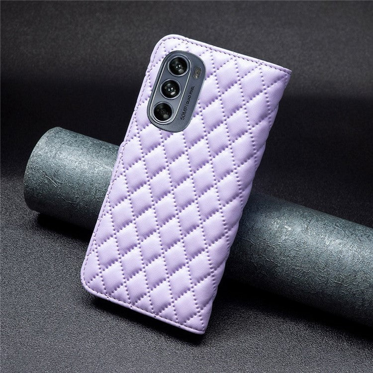 BINFEN COLOR for Motorola Moto G62 5G BF Style-14 Wear-resistant Imprinted Rhombus Pattern Stand Anti-fall Phone Shell with Wallet - Purple
