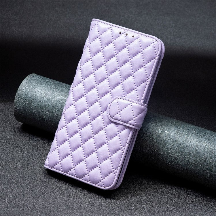 BINFEN COLOR for Motorola Moto G62 5G BF Style-14 Wear-resistant Imprinted Rhombus Pattern Stand Anti-fall Phone Shell with Wallet - Purple