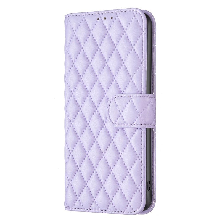 BINFEN COLOR for Motorola Moto G62 5G BF Style-14 Wear-resistant Imprinted Rhombus Pattern Stand Anti-fall Phone Shell with Wallet - Purple