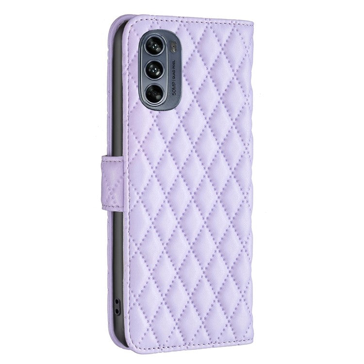 BINFEN COLOR for Motorola Moto G62 5G BF Style-14 Wear-resistant Imprinted Rhombus Pattern Stand Anti-fall Phone Shell with Wallet - Purple
