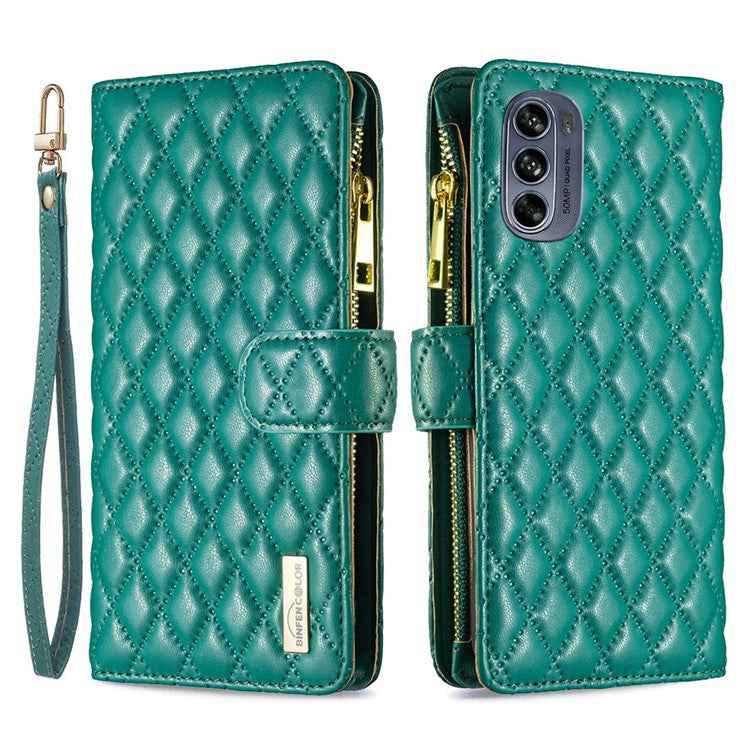 BINFEN COLOR BF Style-15 for Motorola Moto G62 5G Anti-drop Zipper Pocket PU Leather Phone Flip Wallet Case Imprinting Rhombus Pattern Matte Cover with Stand - Green