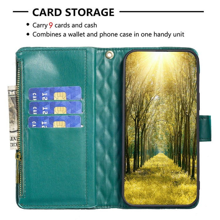 BINFEN COLOR BF Style-15 for Motorola Moto G62 5G Anti-drop Zipper Pocket PU Leather Phone Flip Wallet Case Imprinting Rhombus Pattern Matte Cover with Stand - Green