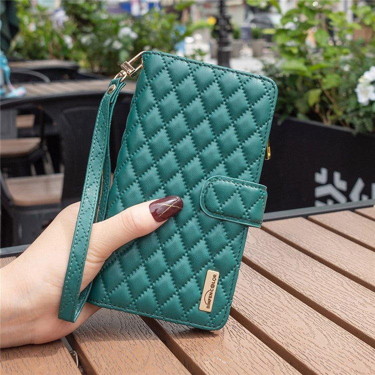BINFEN COLOR BF Style-15 for Motorola Moto G62 5G Anti-drop Zipper Pocket PU Leather Phone Flip Wallet Case Imprinting Rhombus Pattern Matte Cover with Stand - Green