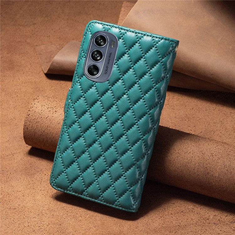 BINFEN COLOR BF Style-15 for Motorola Moto G62 5G Anti-drop Zipper Pocket PU Leather Phone Flip Wallet Case Imprinting Rhombus Pattern Matte Cover with Stand - Green