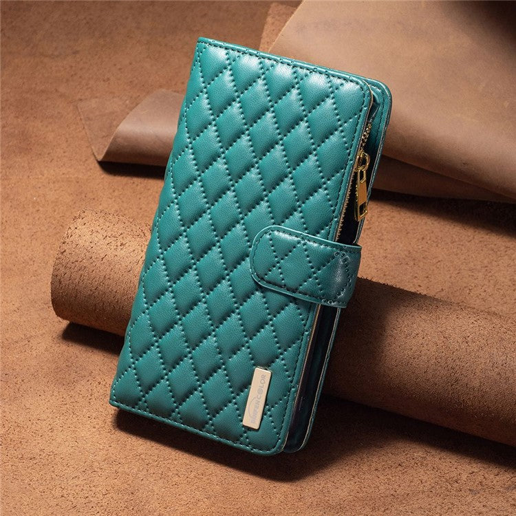 BINFEN COLOR BF Style-15 for Motorola Moto G62 5G Anti-drop Zipper Pocket PU Leather Phone Flip Wallet Case Imprinting Rhombus Pattern Matte Cover with Stand - Green