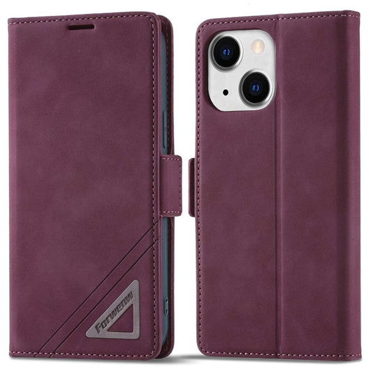 FORWENW F3-Series For iPhone 14 Plus Folio Flip Wallet Protective Case PU Leather Anti-fall Phone Cover with Stand - Wine Red