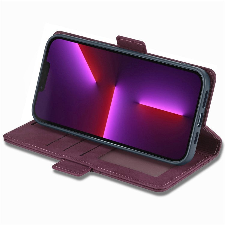 FORWENW F3-Series For iPhone 14 Plus Folio Flip Wallet Protective Case PU Leather Anti-fall Phone Cover with Stand - Wine Red