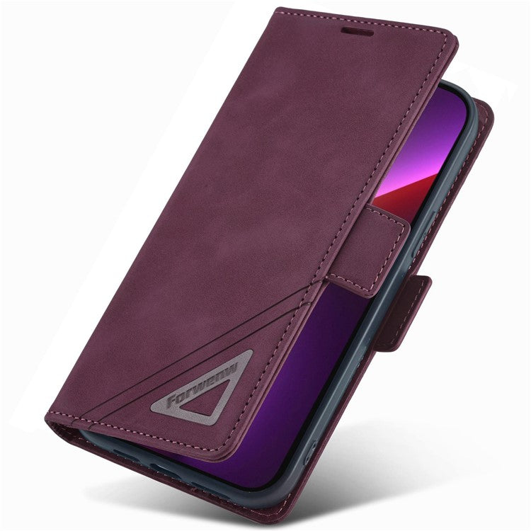 FORWENW F3-Series For iPhone 14 Plus Folio Flip Wallet Protective Case PU Leather Anti-fall Phone Cover with Stand - Wine Red
