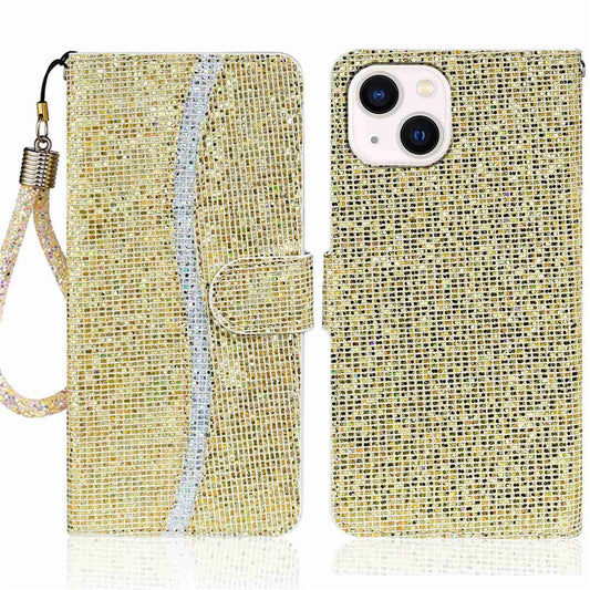 For iPhone 14 Plus Glitter Bling PU Leather Foldable Stand Phone Case Wallet Style Flip Shell with Wrist Strap - Gold