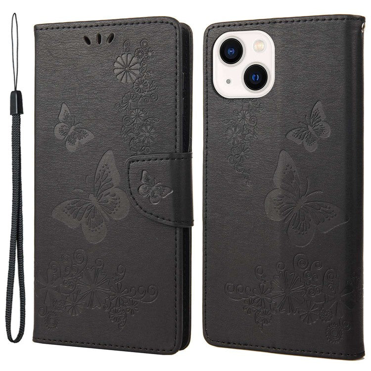 For iPhone 14 Plus Dustproof Phone Cover PU Leather Big Butterflies Flower Pattern Imprinting Wallet Case with Strap - Black