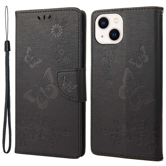For iPhone 14 Plus Dustproof Phone Cover PU Leather Big Butterflies Flower Pattern Imprinting Wallet Case with Strap - Black