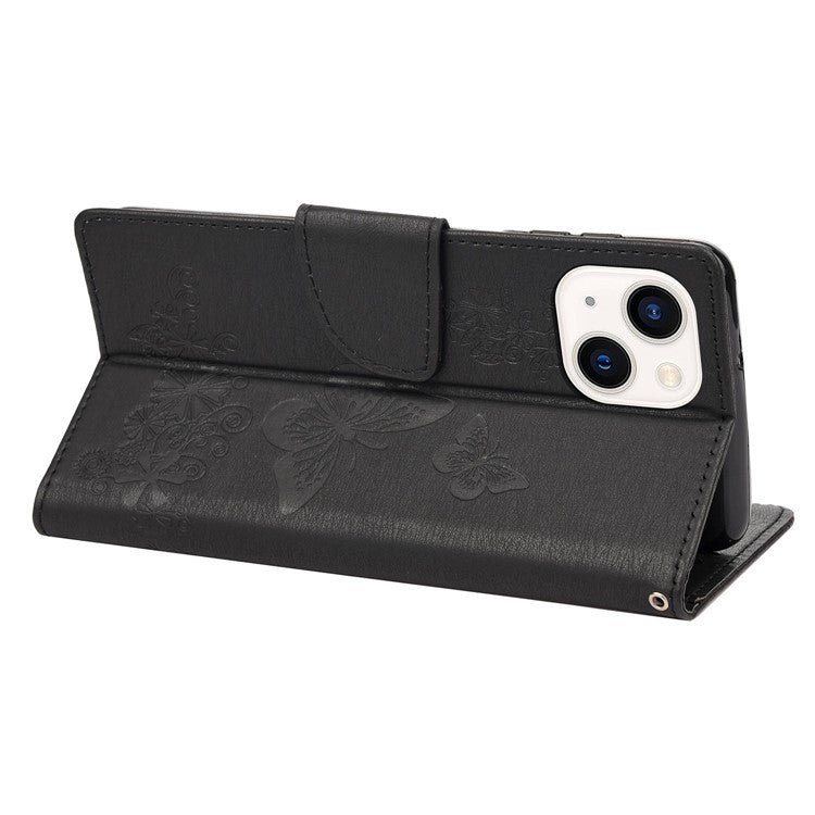For iPhone 14 Plus Dustproof Phone Cover PU Leather Big Butterflies Flower Pattern Imprinting Wallet Case with Strap - Black