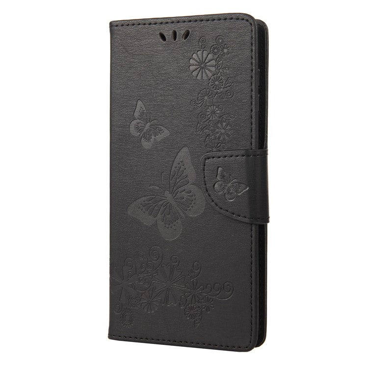 For iPhone 14 Plus Dustproof Phone Cover PU Leather Big Butterflies Flower Pattern Imprinting Wallet Case with Strap - Black