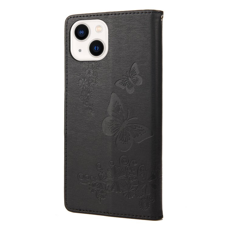 For iPhone 14 Plus Dustproof Phone Cover PU Leather Big Butterflies Flower Pattern Imprinting Wallet Case with Strap - Black